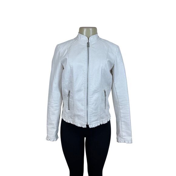 Baccini Womens White Faux Leather Jacket With Ruffle Hem Zip Pockets Size PS - Picture 1 of 6